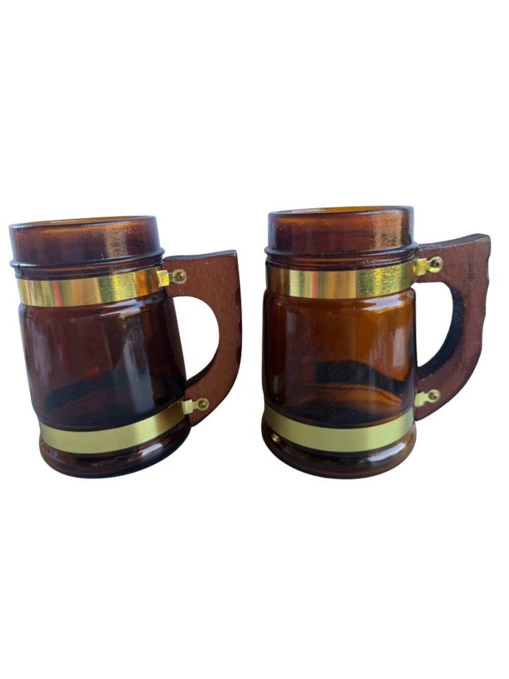 Set 2 VINTAGE Amber Brown Siesta Ware 18 oz. Glass Barrel Mugs w/Wooden Handles